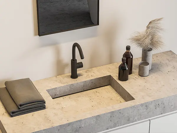 A concrete countertop with minimalist design and black faucet