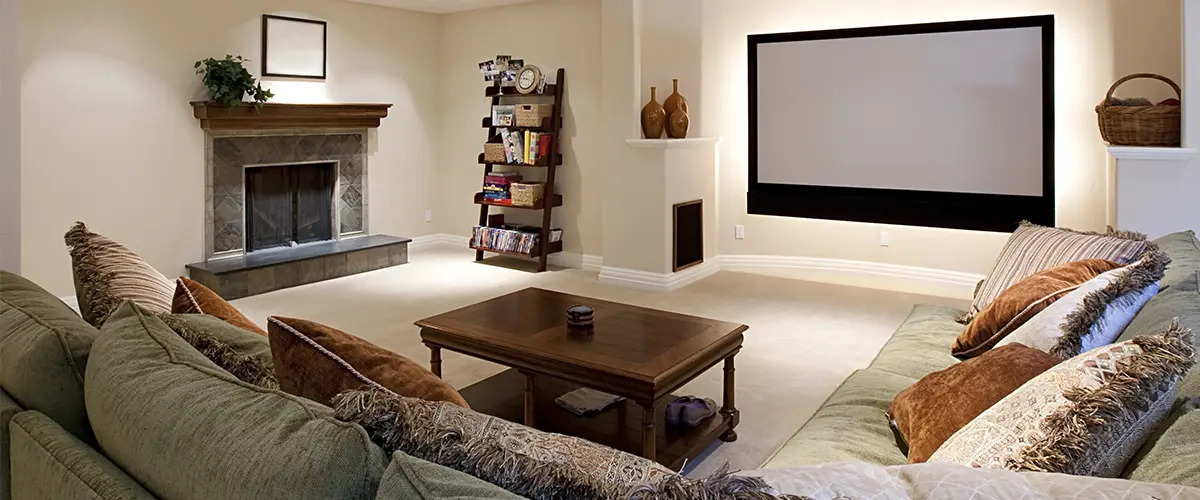 Basement with home theatre and large green couch