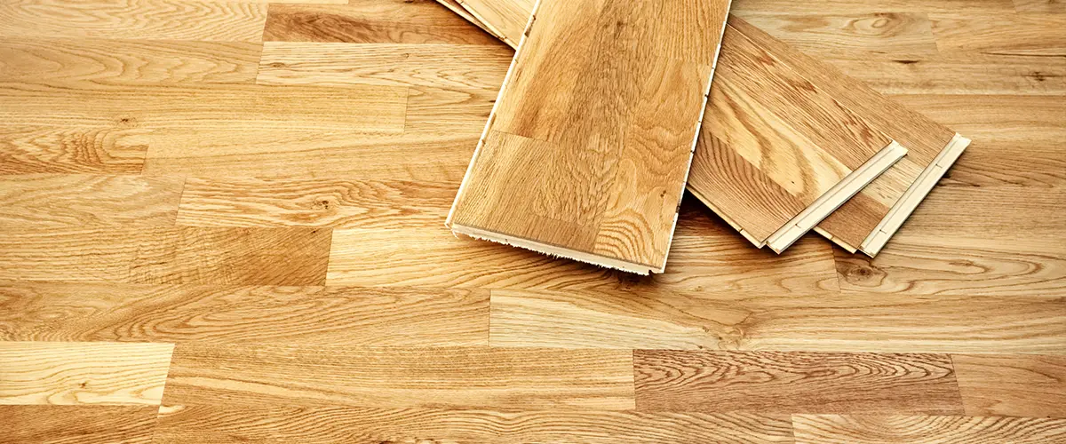 Engineered hardwood flooring sample in basement