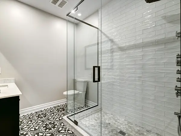 Glass walk-in shower with dark features