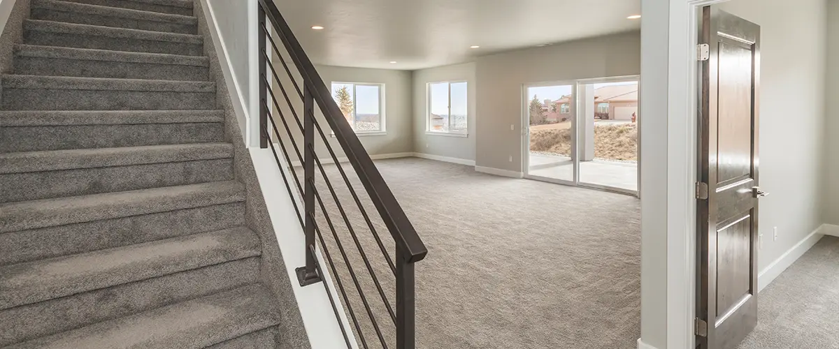 A walkout basement with carpet floor