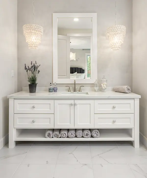 a bathroom remodel in papillion with a large, white vanity