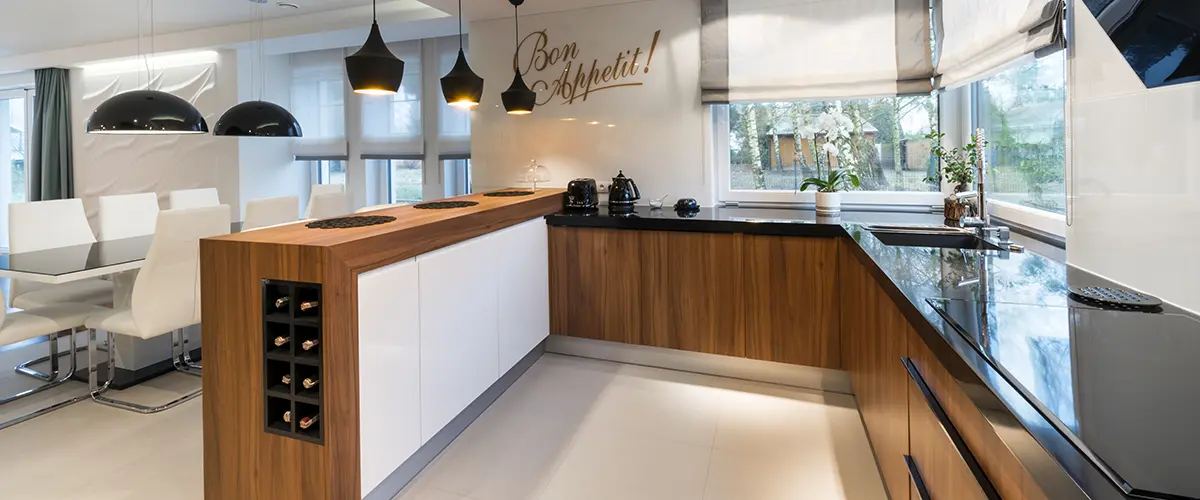 Wood kitchen cabinets in an open space kitchen