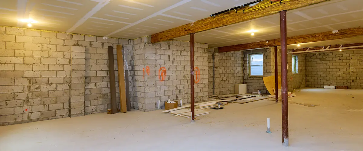 A large, unfinished basement with brick walls