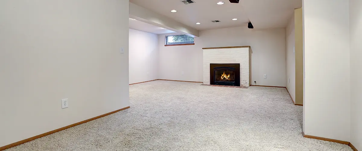 Carpet flooring in a finished basement with a fireplace