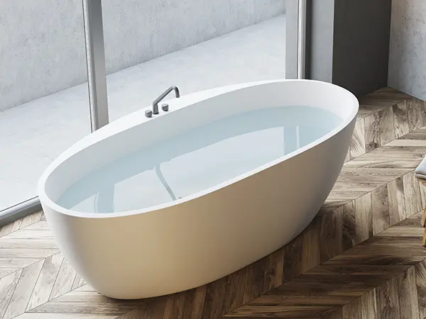 Freestanding tub with wood flooring