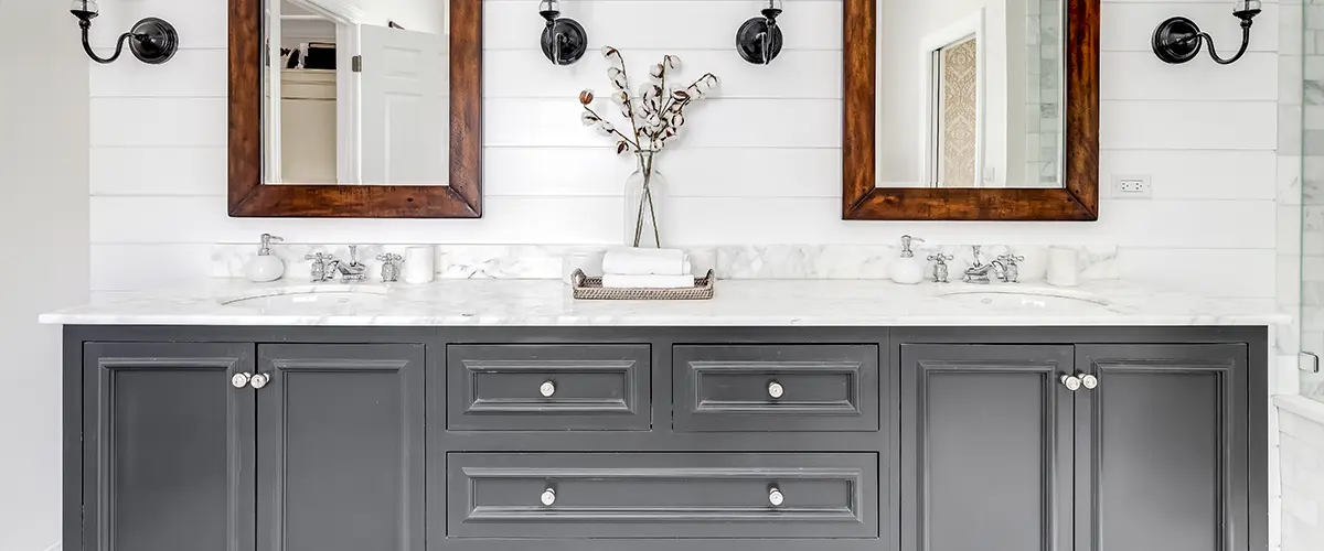 Gray vanity with two rectangular mirrors