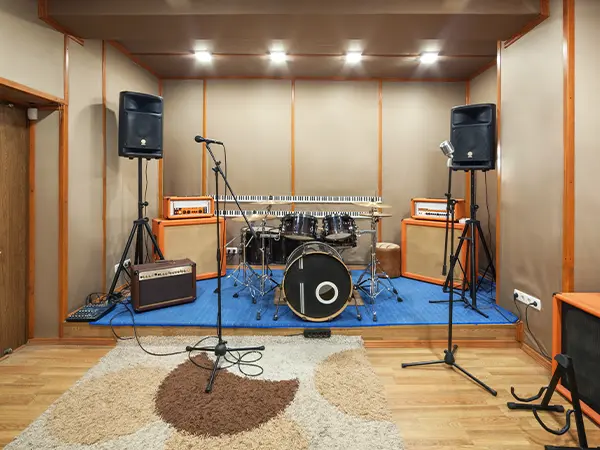 A basement with music instruments