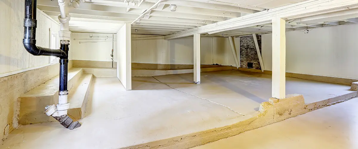 An unfinished basement with tile flooring and plenty of natural light