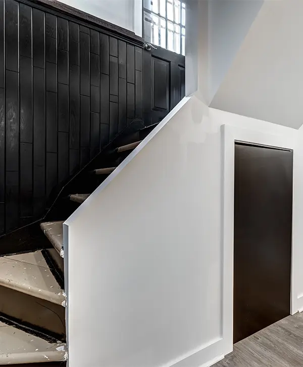Basement stairs with a black door