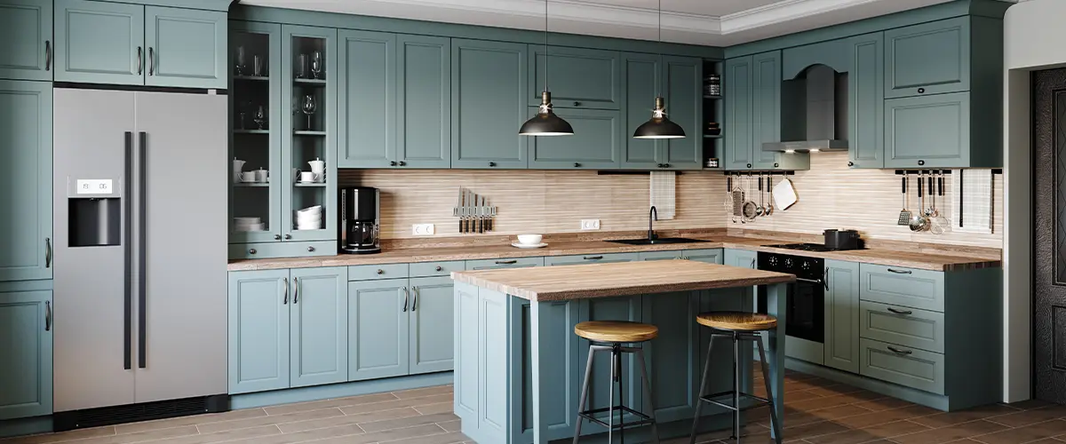 turqoise cabinets in a large kitchen