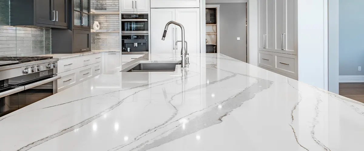 A quartz countertop in a beautiful kitchen