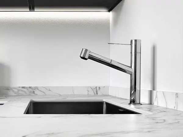 Quartz countertop with a silver faucet