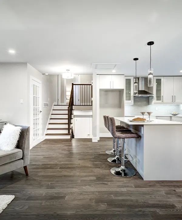 Wood flooring in a basement remodel in Springfield, NE