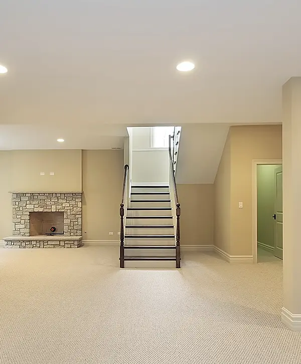 A basement with stairs, a fireplace, and a carpet floor