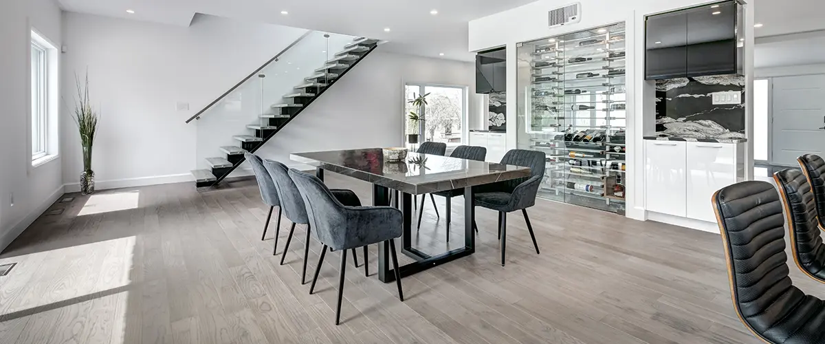 A LVP flooring in a walk-out basement with an open space kitchen