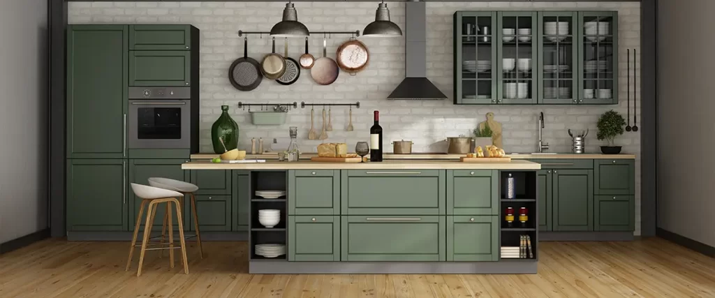 Green cabinets in an open-space kitchen with an island