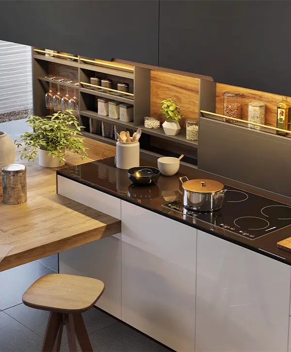 A modern kitchen with white base cabinets and dark upper cabinets with wood accents