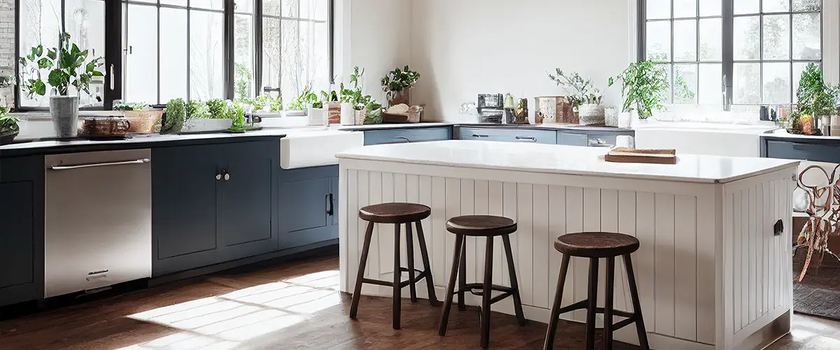 A white kitchen island with navy blue cabinets and plants