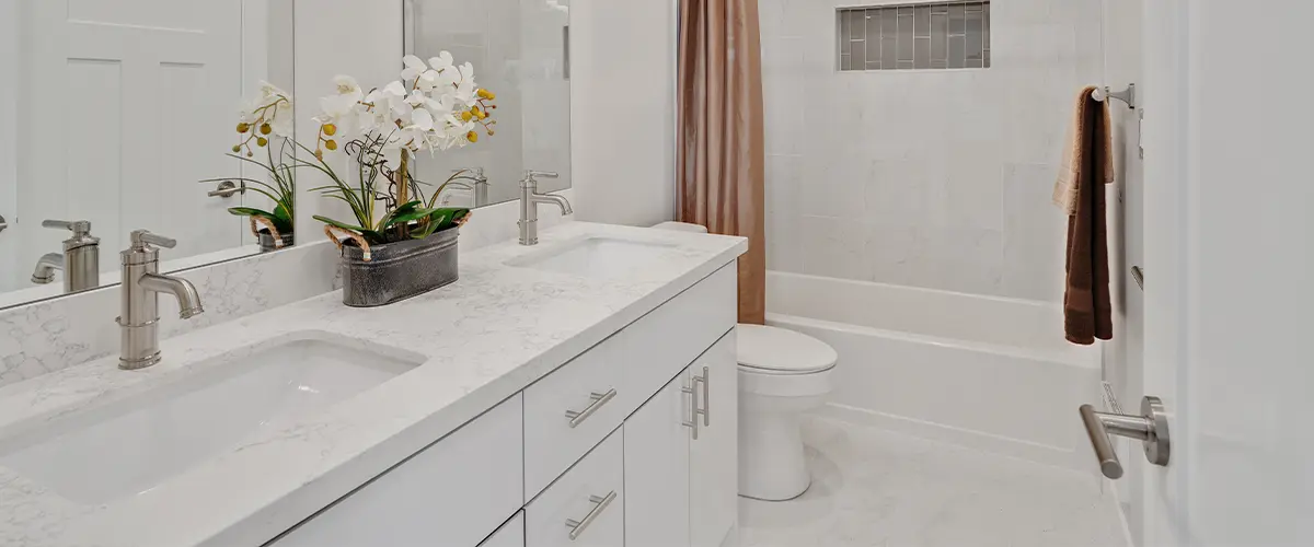 A beautiful flower on a vanity countertop