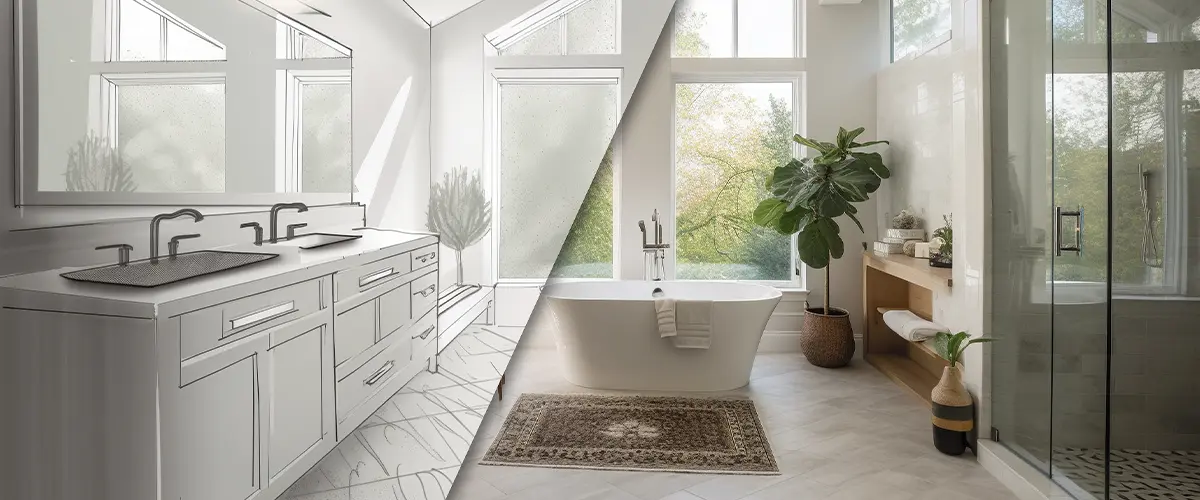 A bathroom image split in half; one side is a drawing of a vanity and the other is the finished bath