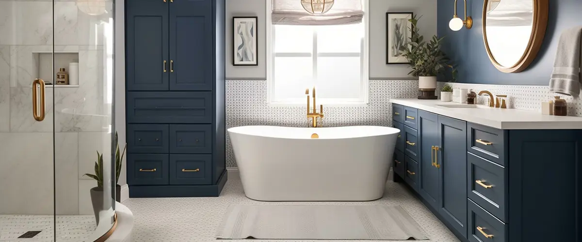 An upscale bathroom with navy blue cabinets and vanity, a freestanding tub and walk-in glass shower for a high bathroom remodeling cost