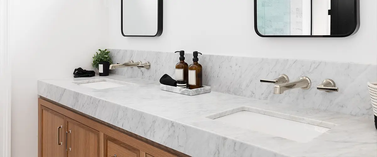 A bathroom quartz countertop