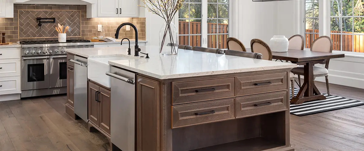 Large kitchen island with a plant