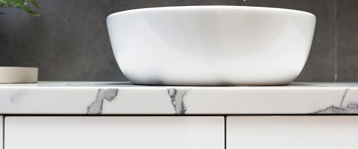 Close Up Of A Bathroom Vanity Top Made From Quartz
