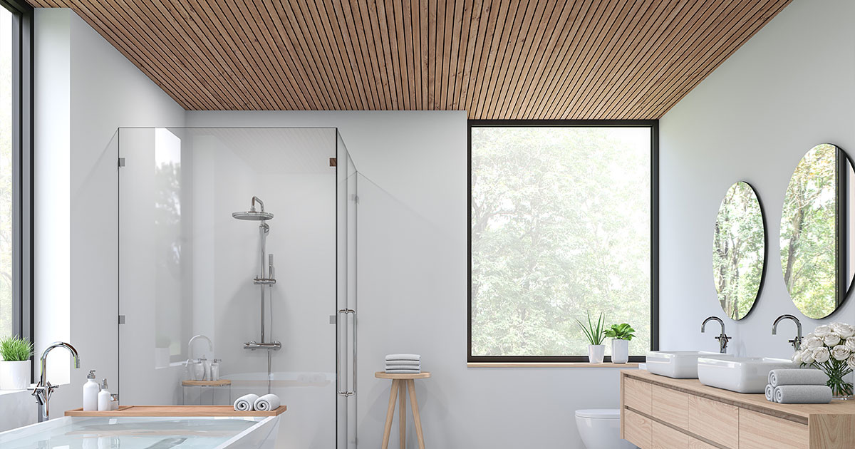 Modern contemporary loft bathroom 3d render.there are concrete tile floor, white wall and wood plank ceiling ,There are large windows look out to see the nature view