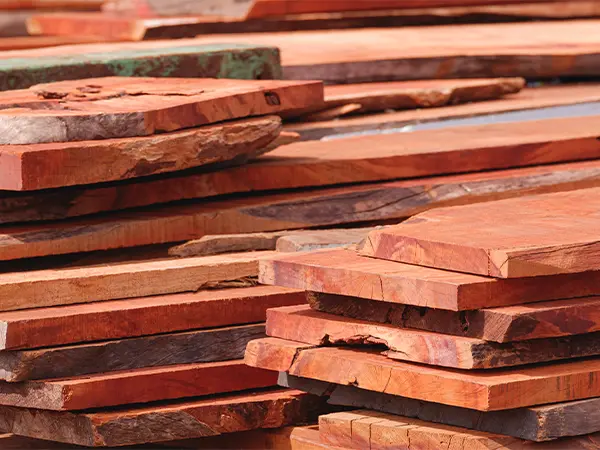 Close up image of many redwood wood planks