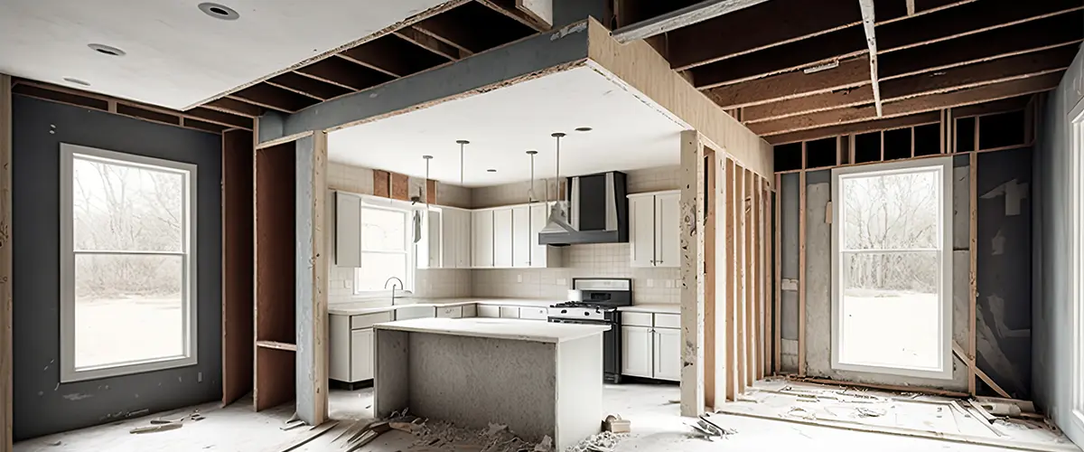 A kitchen under renovation with exposed framing, unfinished walls, construction debris, and new white cabinets and countertops partially installed.