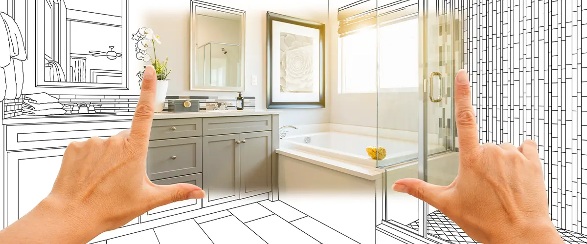 Hands framing a bathroom remodeling concept, blending a real, modern bathroom with a sketch outline of new design elements.