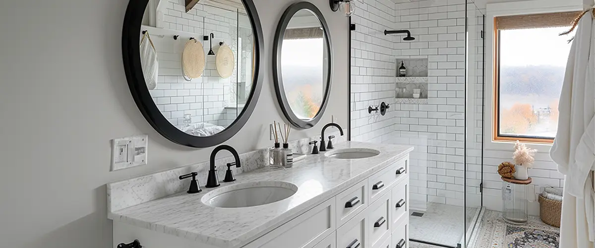 Modern farmhouse bathroom remodeling in Florence, with white subway tiles, a double vanity with marble countertop, round mirrors, black fixtures, and a glass-enclosed shower.