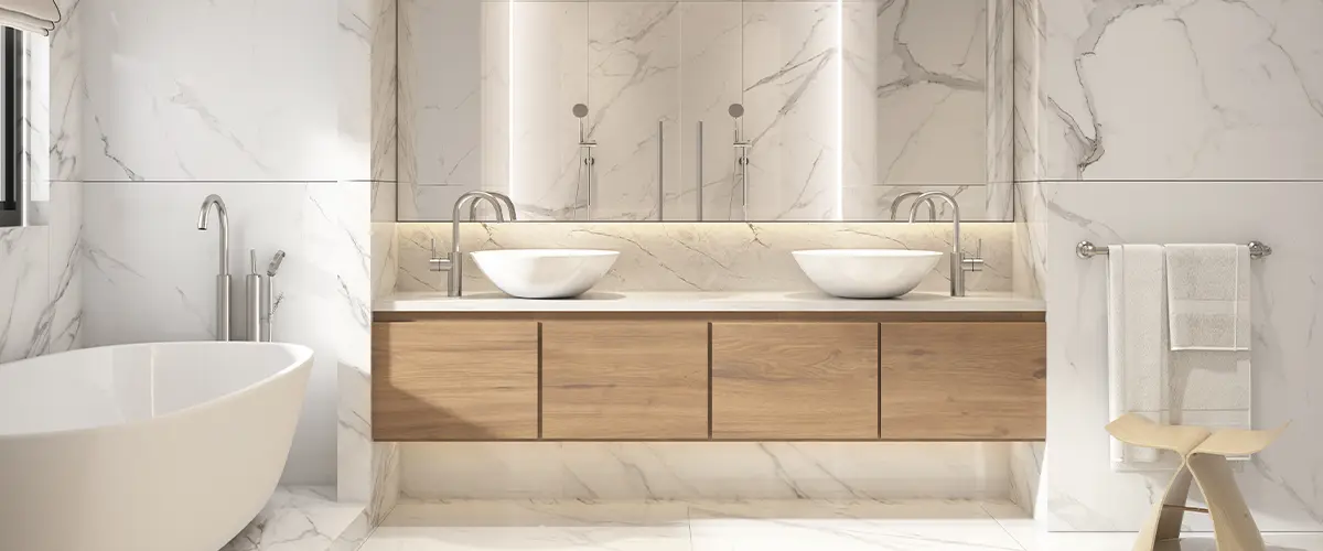 Modern luxury bathroom remodeling in Aksarben, Omaha, with white marble walls and floors, dual sinks, a freestanding bathtub, and wooden vanity with backlit mirror.