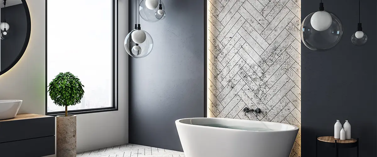 Luxury bathroom design featuring a freestanding tub, large window, and contemporary pendant lights for a spa-like ambiance.