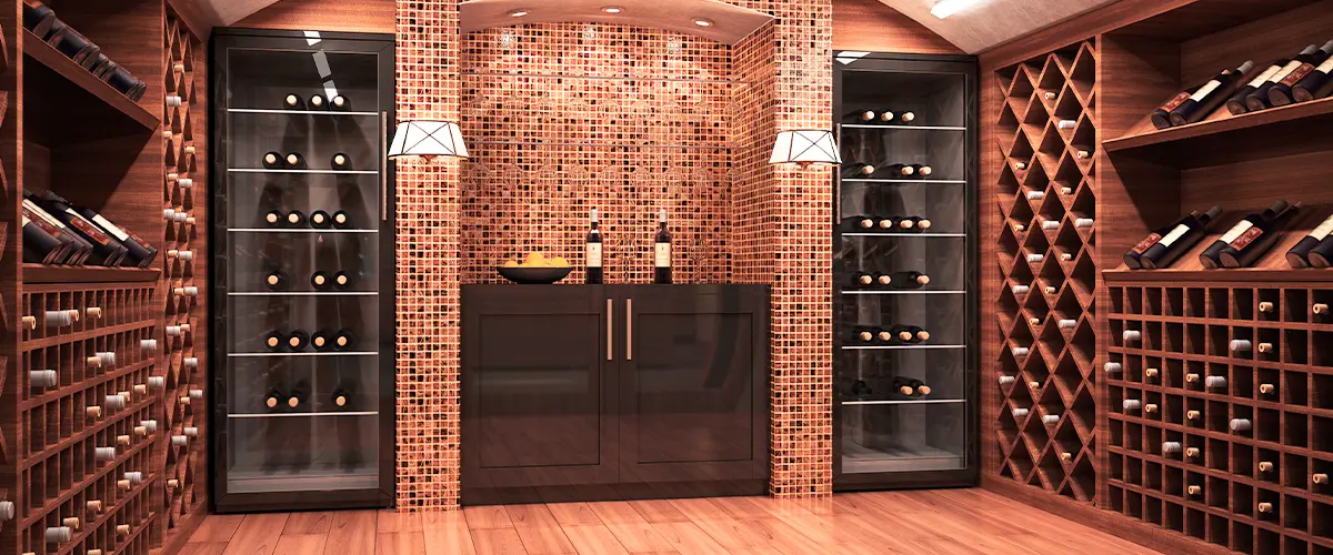 Stylish wine cellar with wooden racks, glass wine coolers, and a tiled accent wall with warm lighting