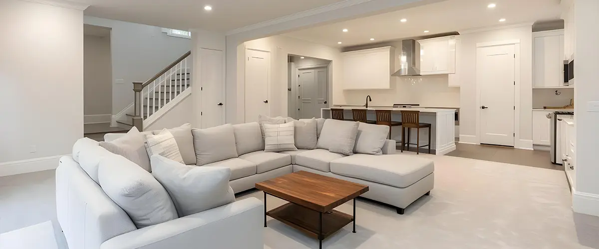 Open living room and kitchen with white cabinetry, sectional sofa, hardwood floors, and modern lighting - contemporary home design.