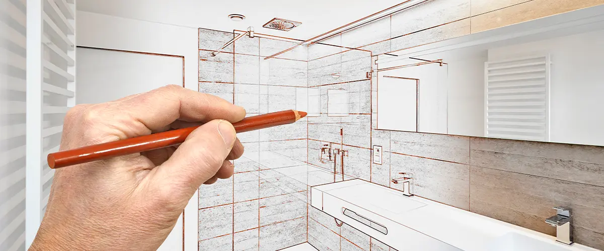 Hand sketching a bathroom renovation plan, highlighting creative design concepts for a modern and functional space.