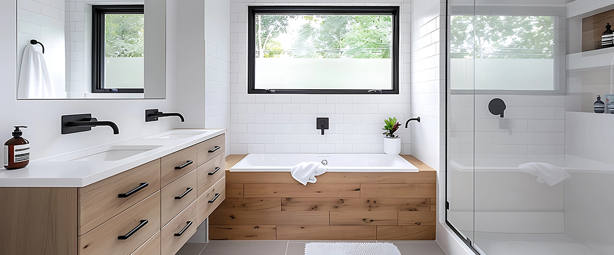 Modern small bathroom remodel featuring sleek white subway tiles