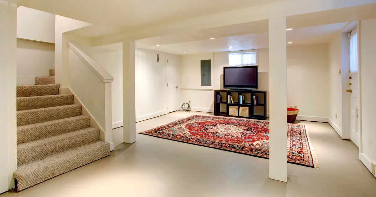 Simple basement renovation with a red patterned rug, minimalist furniture, and bright white walls.