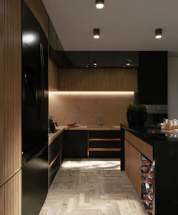 Luxury kitchen featuring wooden paneling, a black marble countertop, and built-in lighting.