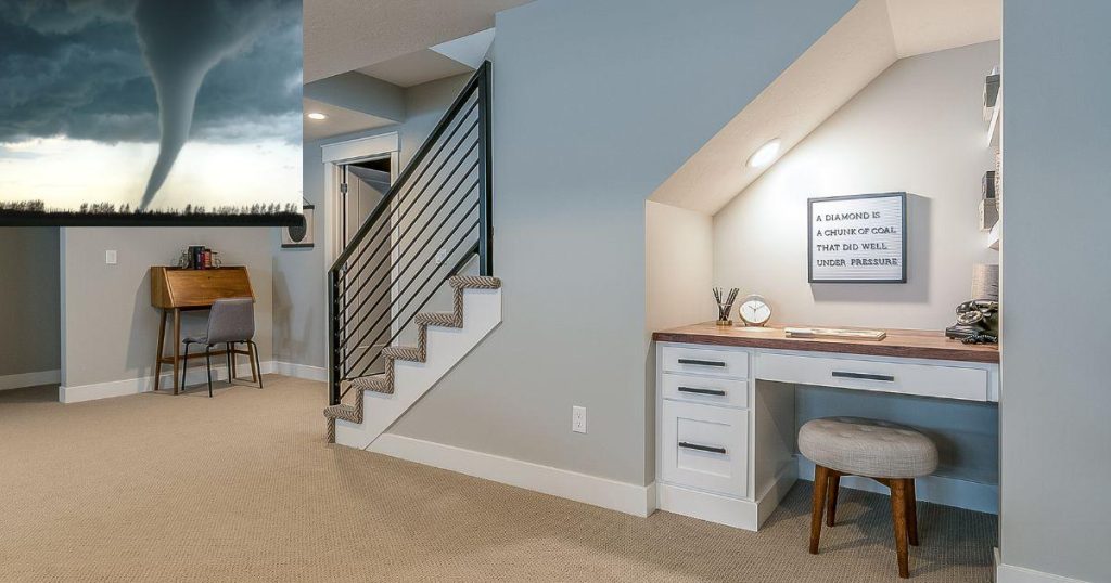 Modern basement with a built-in desk under the staircase and soft carpet flooring