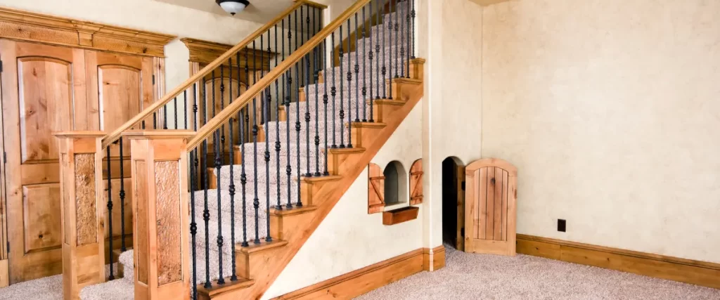 Basement staircase with ornate wood and iron railing and child-sized play doors
