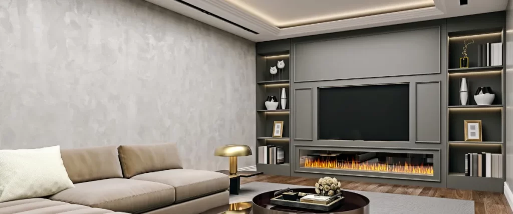 Modern basement with textured gray walls, built-in shelving, and electric fireplace
